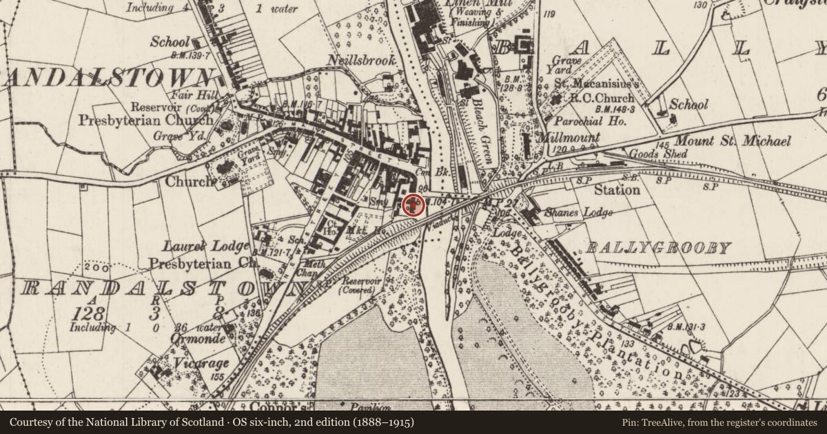 Ordnance Survey six-inch map, 2nd edition (1888–1915) covering the location of 2 Parade Ground, Randalstown, Antrim and Newtownabbey, with a pin at the register's coordinates