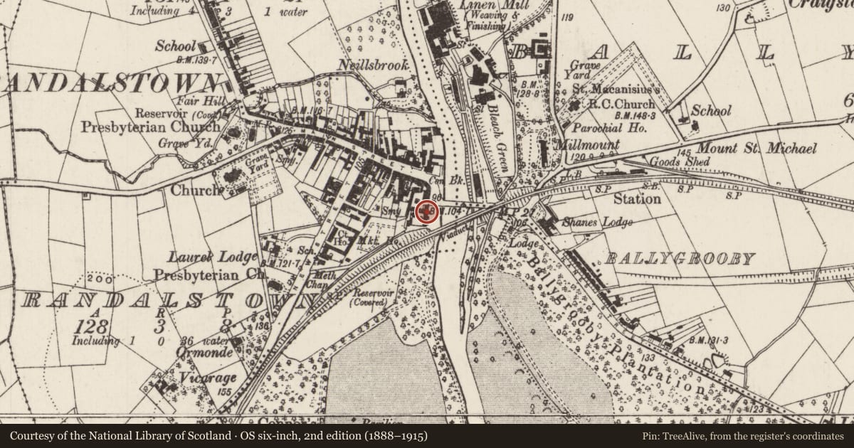 Ordnance Survey six-inch map, 2nd edition (1888–1915) covering the location of 3 Parade Ground, Randalstown, Antrim and Newtownabbey, with a pin at the register's coordinates