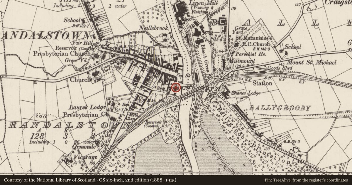 Ordnance Survey six-inch map, 2nd edition (1888–1915) covering the location of 4 Parade Ground, Randalstown, Antrim and Newtownabbey, with a pin at the register's coordinates