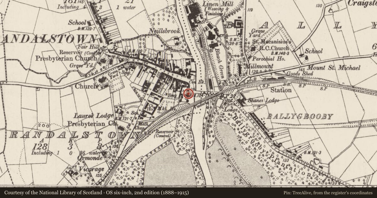 Ordnance Survey six-inch map, 2nd edition (1888–1915) covering the location of 5 Parade Ground, Randalstown, Antrim and Newtownabbey, with a pin at the register's coordinates