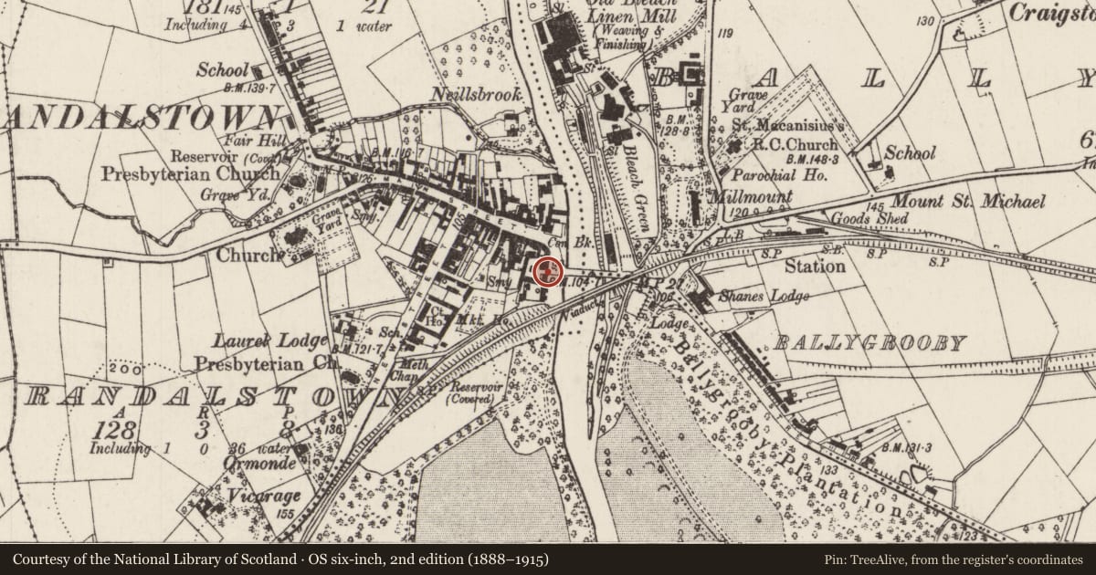 Ordnance Survey six-inch map, 2nd edition (1888–1915) covering the location of 6 Parade Ground, Randalstown, Antrim and Newtownabbey, with a pin at the register's coordinates
