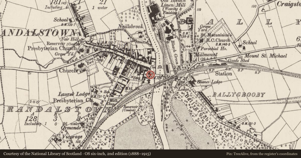 Ordnance Survey six-inch map, 2nd edition (1888–1915) covering the location of 7 Parade Ground, Randalstown, Antrim and Newtownabbey, with a pin at the register's coordinates