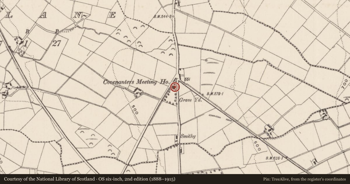 Ordnance Survey six-inch map, 2nd edition (1888–1915) covering the location of Eskylane Presbyterian Church, Antrim and Newtownabbey, with a pin at the register's coordinates