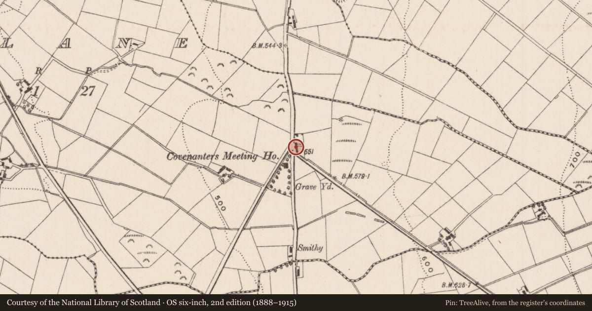 Ordnance Survey six-inch map, 2nd edition (1888–1915) covering the location of Cottage facing Eskylane Presbyterian Church, Antrim and Newtownabbey, with a pin at the register's coordinates