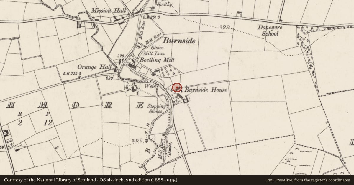 Ordnance Survey six-inch map, 2nd edition (1888–1915) covering the location of Burnside House, Donegore, Antrim and Newtownabbey, with a pin at the register's coordinates