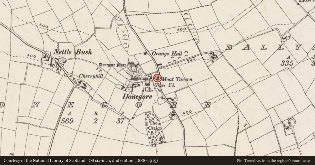 Ordnance Survey six-inch map, 2nd edition (1888–1915) covering the location of The Moat Inn, Donegore, Antrim and Newtownabbey, with a pin at the register's coordinates