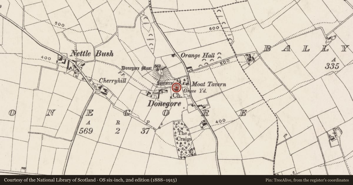 Ordnance Survey six-inch map, 2nd edition (1888–1915) covering the location of Donegore Parish Church, Antrim and Newtownabbey, with a pin at the register's coordinates
