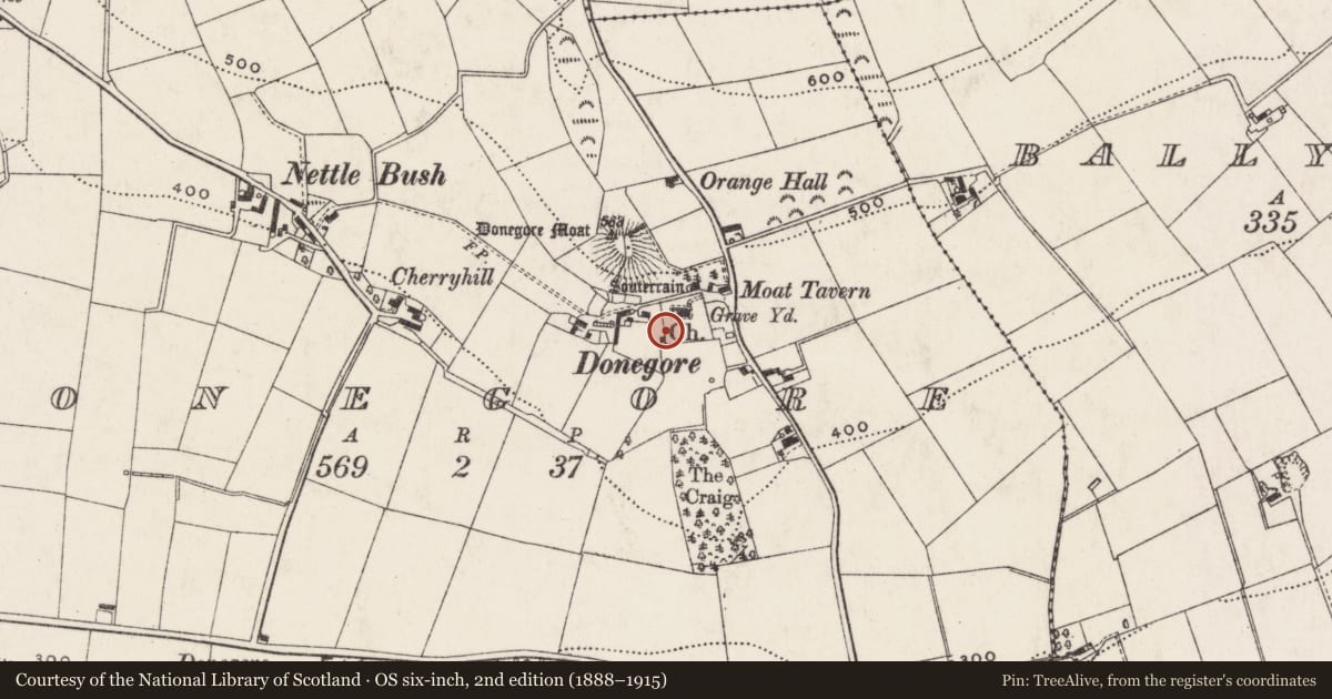 Ordnance Survey six-inch map, 2nd edition (1888–1915) covering the location of Watch House at Donegore Parish Church, Antrim and Newtownabbey, with a pin at the register's coordinates