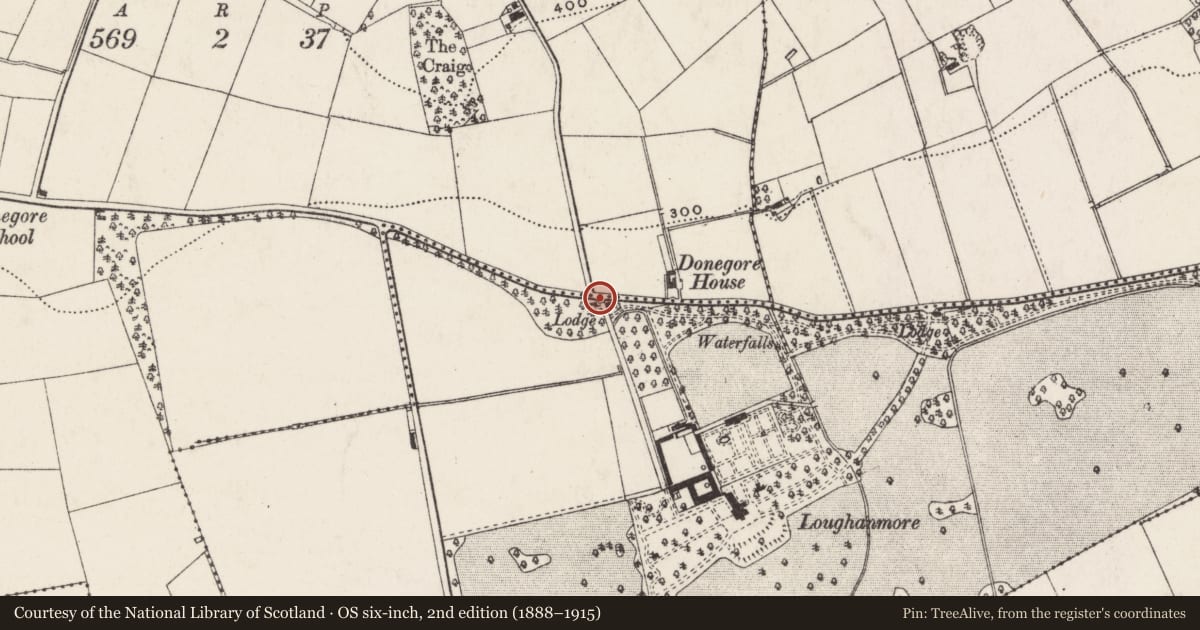 Ordnance Survey six-inch map, 2nd edition (1888–1915) covering the location of Rear Gate Lodge to Loughanmore, Loughermore, Antrim and Newtownabbey, with a pin at the register's coordinates