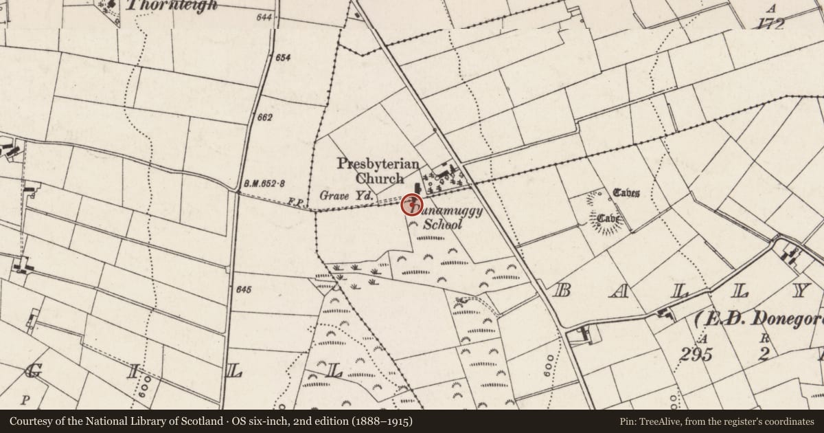 Ordnance Survey six-inch map, 2nd edition (1888–1915) covering the location of Second Donegore Presbyterian Church (Dunamuggy), Ballywee/Dunamuggy, Antrim and Newtownabbey, with a pin at the register's coordinates