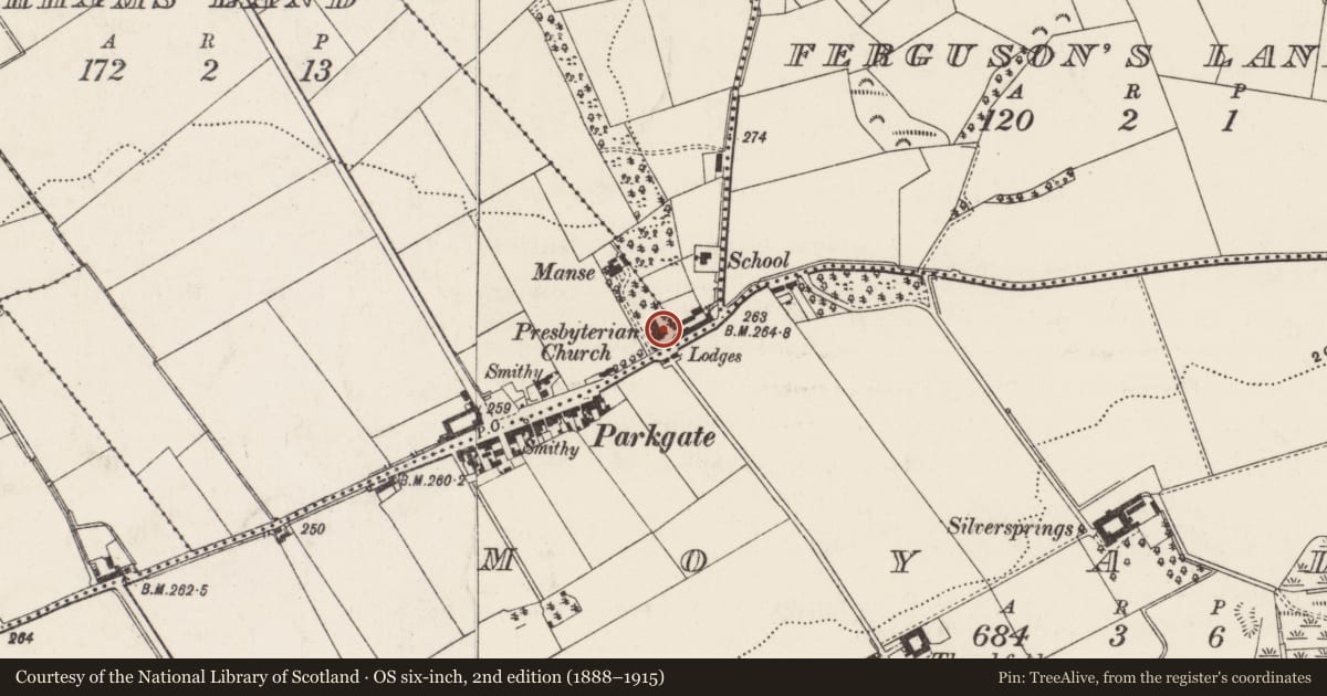 Ordnance Survey six-inch map, 2nd edition (1888–1915) covering the location of First Donegore Presbyterian Church, Durhams Land, Antrim and Newtownabbey, with a pin at the register's coordinates
