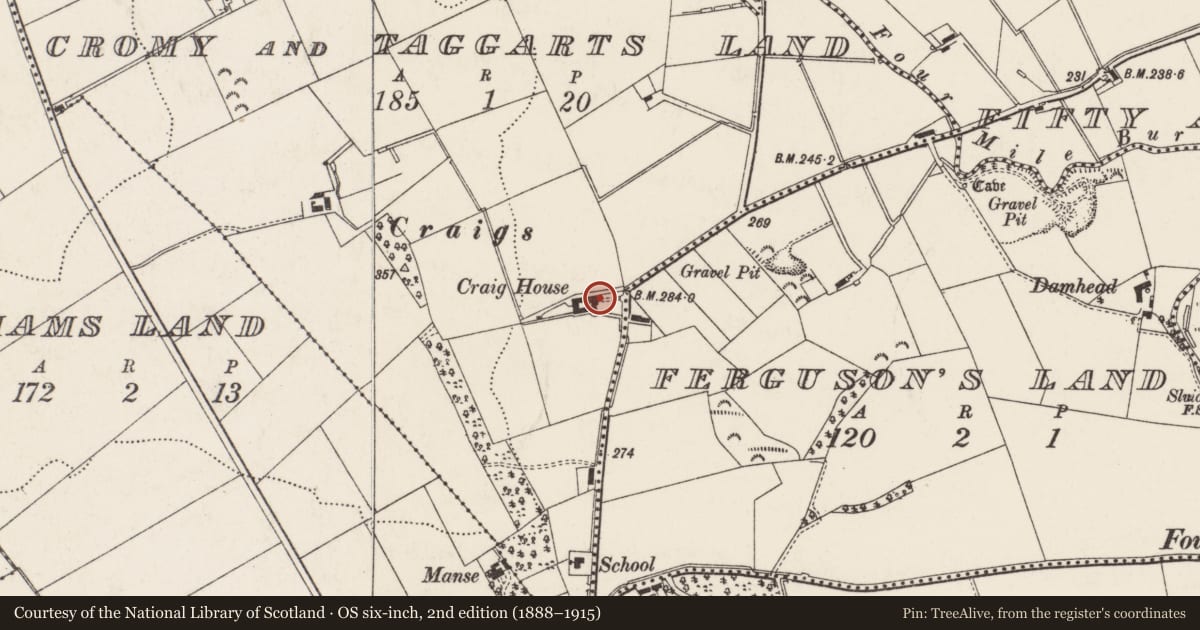 Ordnance Survey six-inch map, 2nd edition (1888–1915) covering the location of Craig's House, Cromy and Taggarts Land, Antrim and Newtownabbey, with a pin at the register's coordinates