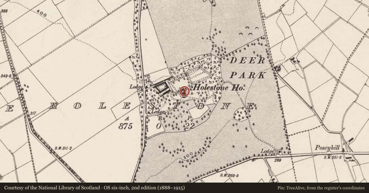 Ordnance Survey six-inch map, 2nd edition (1888–1915) covering the location of Holestone House, Antrim and Newtownabbey, with a pin at the register's coordinates