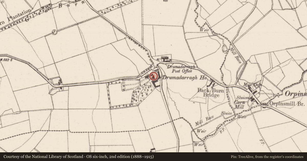 Ordnance Survey six-inch map, 2nd edition (1888–1915) covering the location of Drumadarragh House, Walkmill, Antrim and Newtownabbey, with a pin at the register's coordinates