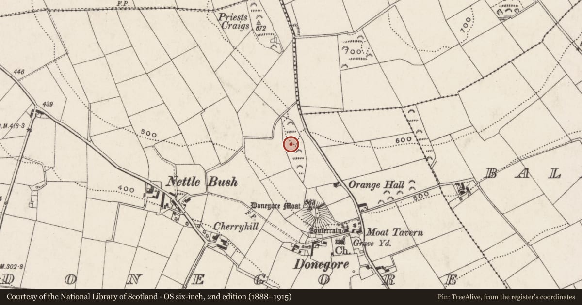 Ordnance Survey six-inch map, 2nd edition (1888–1915) covering the location of Whinstone Crag, Donegore, Antrim and Newtownabbey, with a pin at the register's coordinates