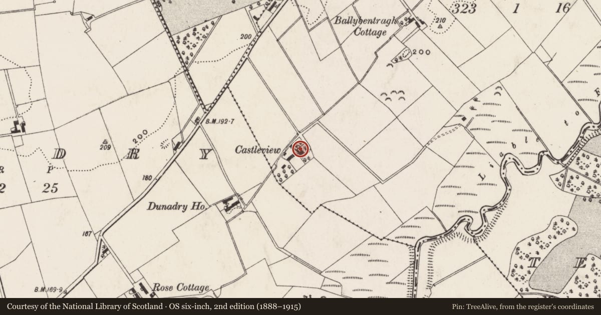 Ordnance Survey six-inch map, 2nd edition (1888–1915) covering the location of Castleview, Ballybentragh, Antrim and Newtownabbey, with a pin at the register's coordinates