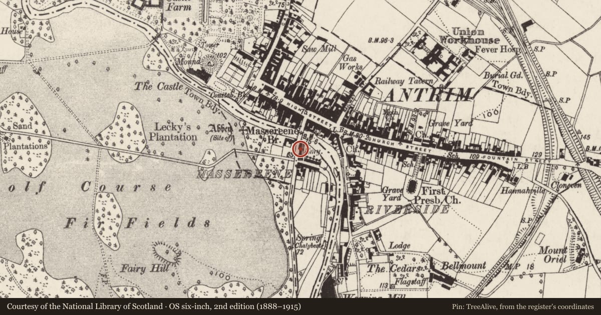 Ordnance Survey six-inch map, 2nd edition (1888–1915) covering the location of Horseshoe Shop, Balloo, Antrim and Newtownabbey, with a pin at the register's coordinates