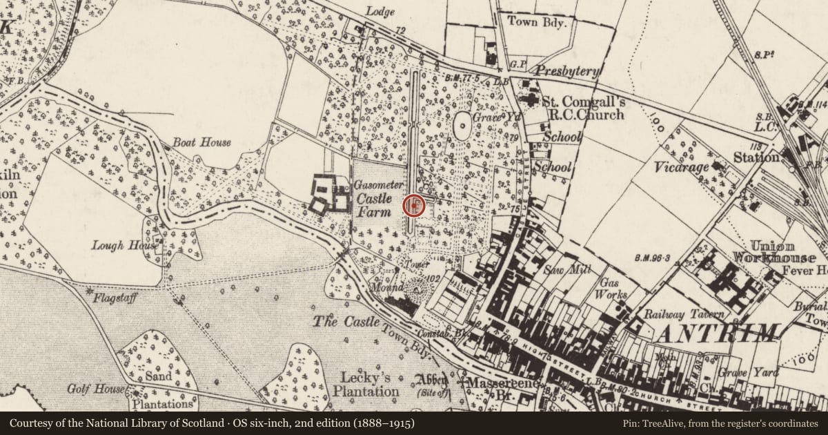 Ordnance Survey six-inch map, 2nd edition (1888–1915) covering the location of Burial Ground, Town Parks, Antrim and Newtownabbey, with a pin at the register's coordinates