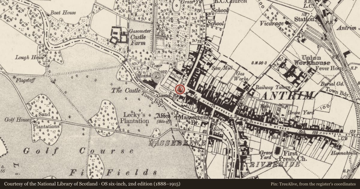 Ordnance Survey six-inch map, 2nd edition (1888–1915) covering the location of Antrim Castle Gatehouse, Town Parks, Antrim and Newtownabbey, with a pin at the register's coordinates