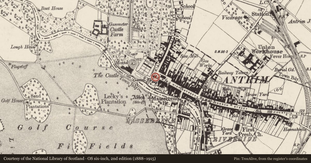 Ordnance Survey six-inch map, 2nd edition (1888–1915) covering the location of Gateway, Town Parks, Antrim and Newtownabbey, with a pin at the register's coordinates