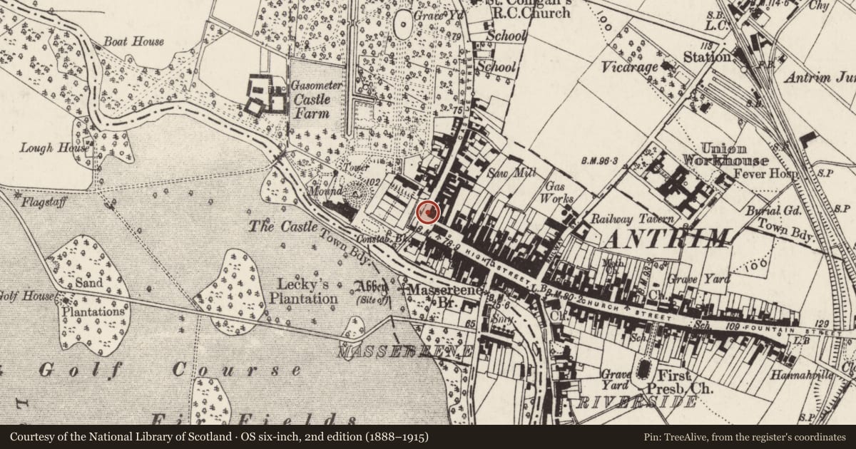 Ordnance Survey six-inch map, 2nd edition (1888–1915) covering the location of Castle Bar, Town Parks, Antrim and Newtownabbey, with a pin at the register's coordinates