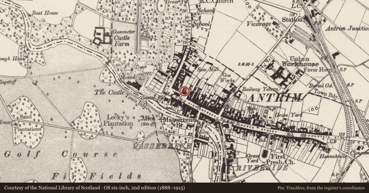 Ordnance Survey six-inch map, 2nd edition (1888–1915) covering the location of Ulster Bank, Town Parks, Antrim and Newtownabbey, with a pin at the register's coordinates