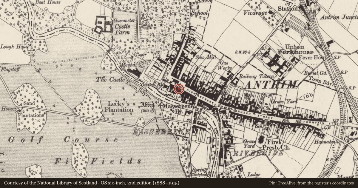 Ordnance Survey six-inch map, 2nd edition (1888–1915) covering the location of 10, 11, and 12 Market Square, Town Parks, Antrim and Newtownabbey, with a pin at the register's coordinates