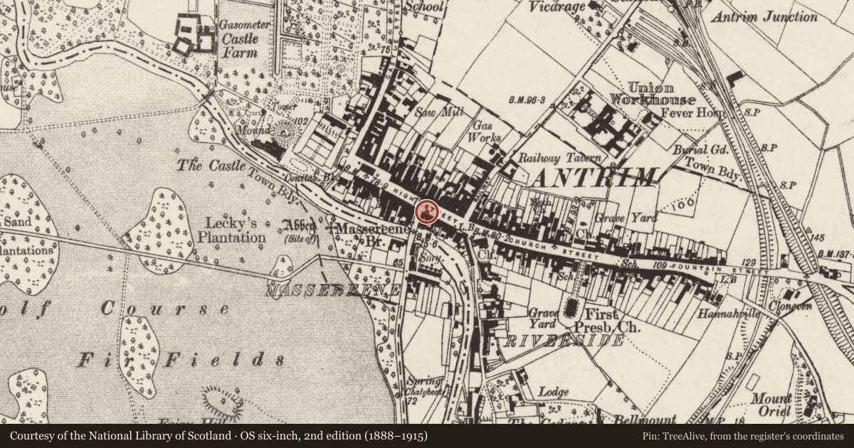 Ordnance Survey six-inch map, 2nd edition (1888–1915) covering the location of 33-35 High Street, Town Parks, Antrim and Newtownabbey, with a pin at the register's coordinates