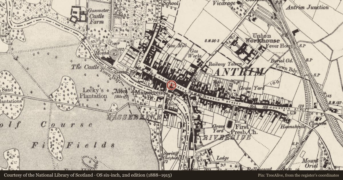 Ordnance Survey six-inch map, 2nd edition (1888–1915) covering the location of 37 High Street, Town Parks, Antrim and Newtownabbey, with a pin at the register's coordinates