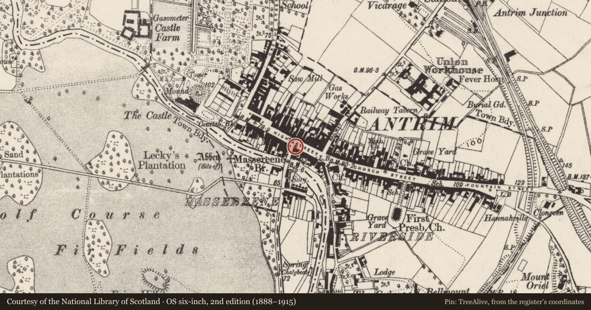 Ordnance Survey six-inch map, 2nd edition (1888–1915) covering the location of 39 High Street, Town Parks, Antrim and Newtownabbey, with a pin at the register's coordinates