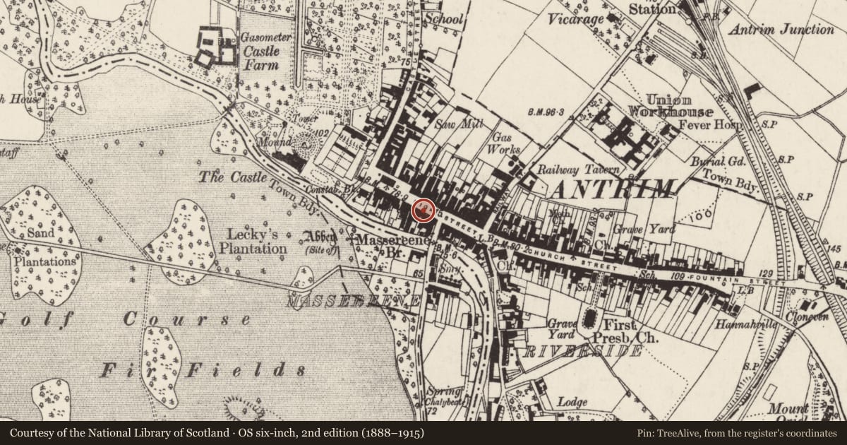 Ordnance Survey six-inch map, 2nd edition (1888–1915) covering the location of 49 High Street, Town Parks, Antrim and Newtownabbey, with a pin at the register's coordinates