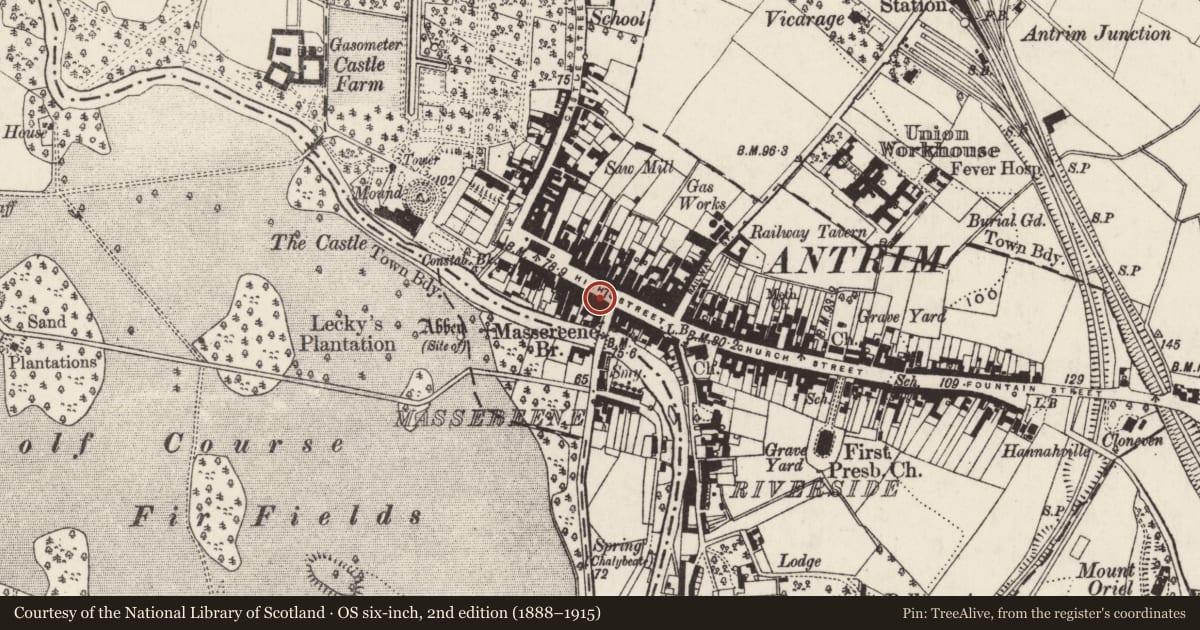 Ordnance Survey six-inch map, 2nd edition (1888–1915) covering the location of 41-45 High Street, Town Parks, Antrim and Newtownabbey, with a pin at the register's coordinates