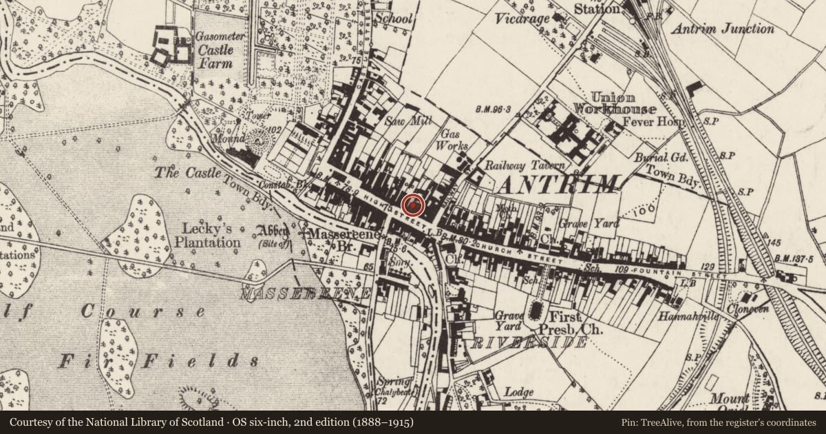 Ordnance Survey six-inch map, 2nd edition (1888–1915) covering the location of 16 High Street, Town Parks, Antrim and Newtownabbey, with a pin at the register's coordinates