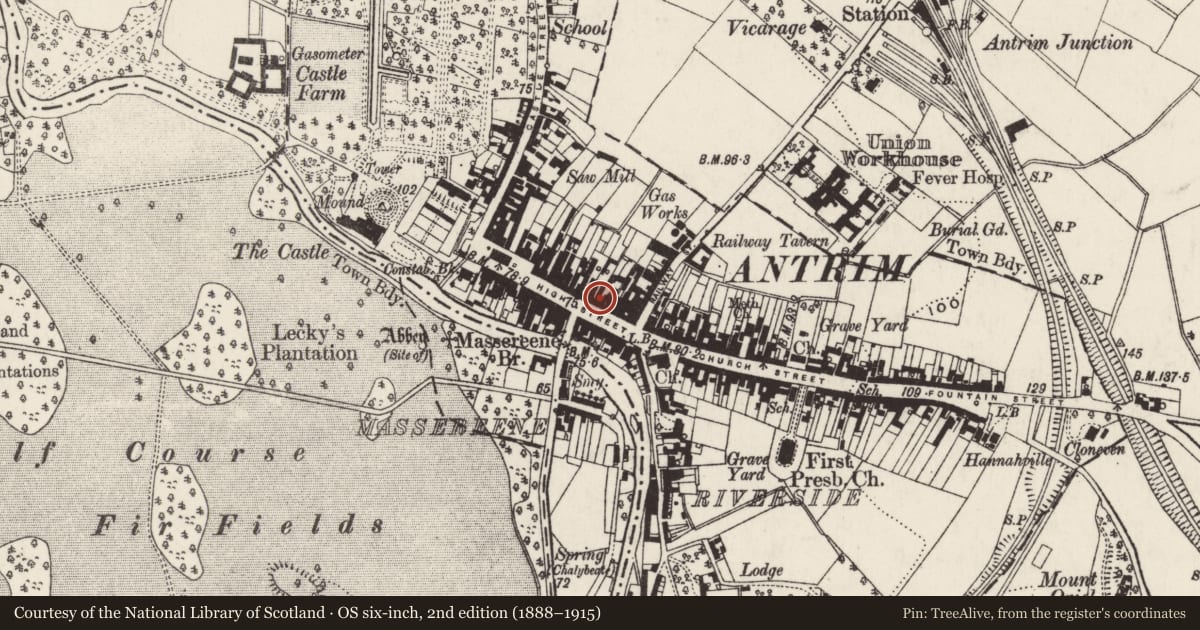 Ordnance Survey six-inch map, 2nd edition (1888–1915) covering the location of Antrim Arcade, Town Parks, Antrim and Newtownabbey, with a pin at the register's coordinates