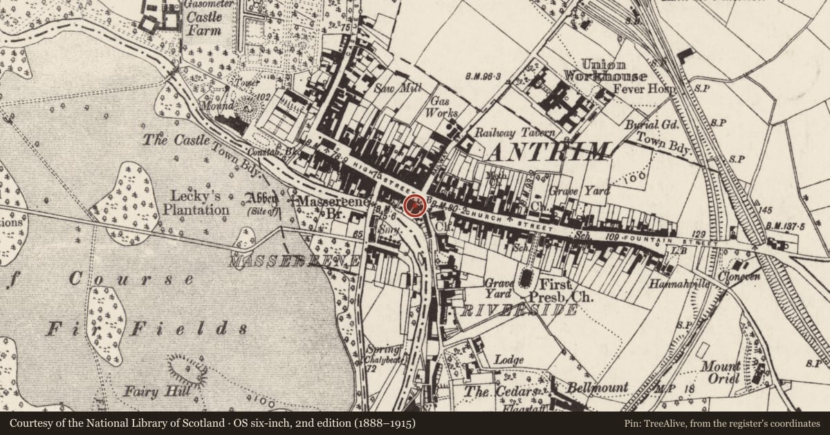 Ordnance Survey six-inch map, 2nd edition (1888–1915) covering the location of Former Presbyterian Church, Town Parks, Antrim and Newtownabbey, with a pin at the register's coordinates
