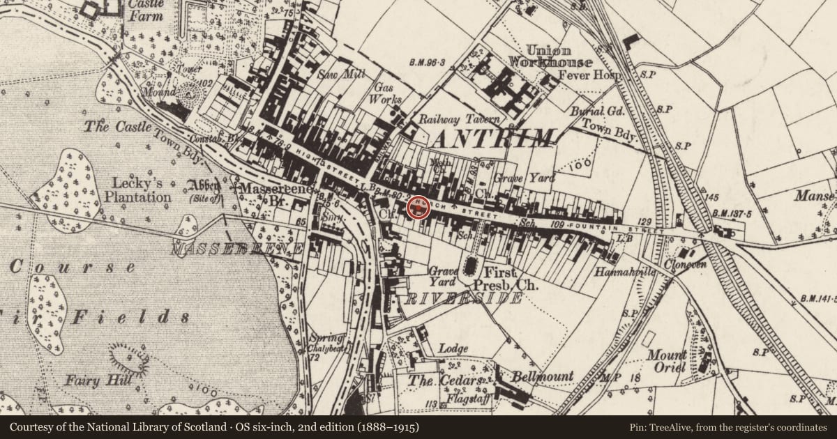 Ordnance Survey six-inch map, 2nd edition (1888–1915) covering the location of 22-26 Church Street, Town Parks, Antrim and Newtownabbey, with a pin at the register's coordinates