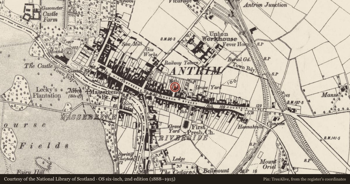 Ordnance Survey six-inch map, 2nd edition (1888–1915) covering the location of Former Methodist Church, Town Parks, Antrim and Newtownabbey, with a pin at the register's coordinates