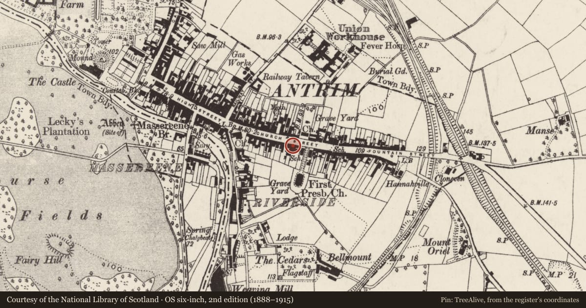 Ordnance Survey six-inch map, 2nd edition (1888–1915) covering the location of 64 Church Street, Town Parks, Antrim and Newtownabbey, with a pin at the register's coordinates