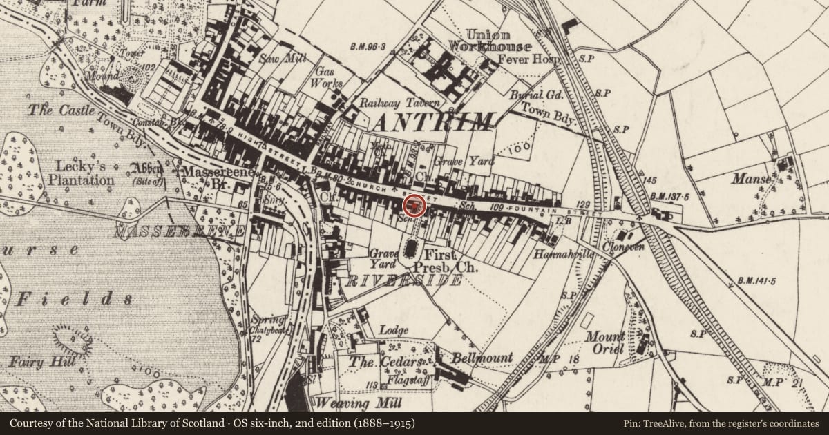 Ordnance Survey six-inch map, 2nd edition (1888–1915) covering the location of Masonic Hall, Town Parks, Antrim and Newtownabbey, with a pin at the register's coordinates