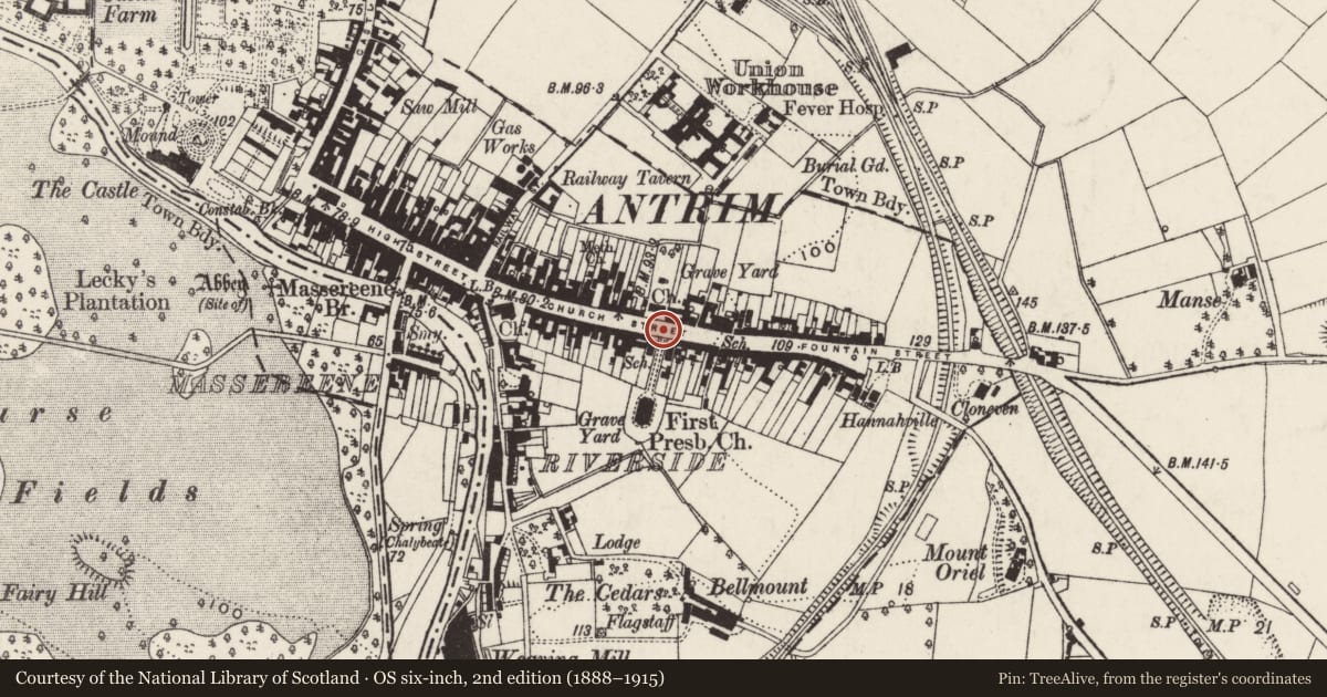 Ordnance Survey six-inch map, 2nd edition (1888–1915) covering the location of Gates and screen, Town Parks, Antrim and Newtownabbey, with a pin at the register's coordinates