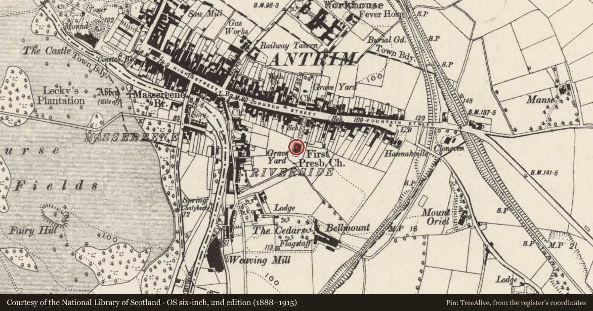 Ordnance Survey six-inch map, 2nd edition (1888–1915) covering the location of First Presbyterian Church, Town Parks, Antrim and Newtownabbey, with a pin at the register's coordinates