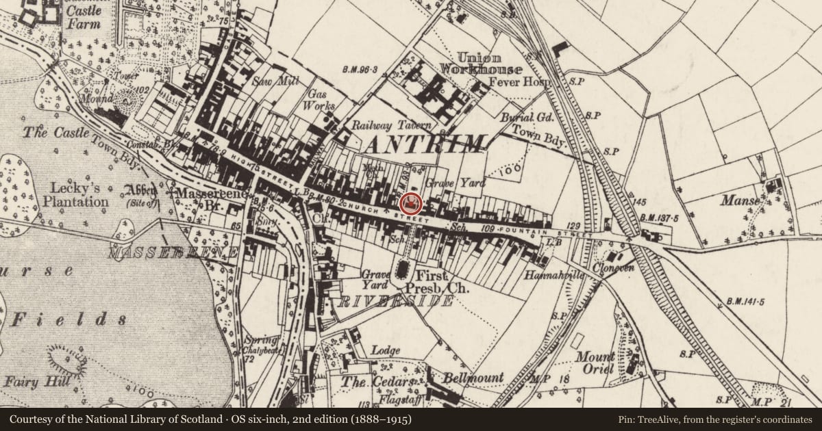 Ordnance Survey six-inch map, 2nd edition (1888–1915) covering the location of Non-Subscribing Church, Town Parks, Antrim and Newtownabbey, with a pin at the register's coordinates
