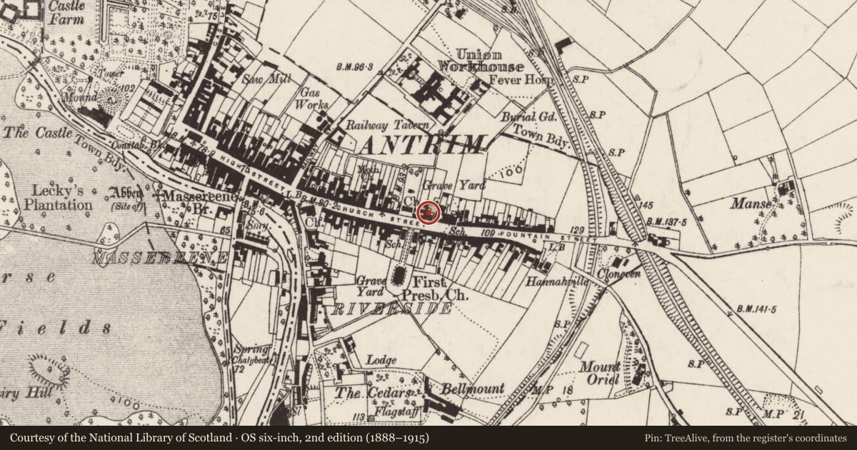 Ordnance Survey six-inch map, 2nd edition (1888–1915) covering the location of 69 Church Street, Town Parks, Antrim and Newtownabbey, with a pin at the register's coordinates