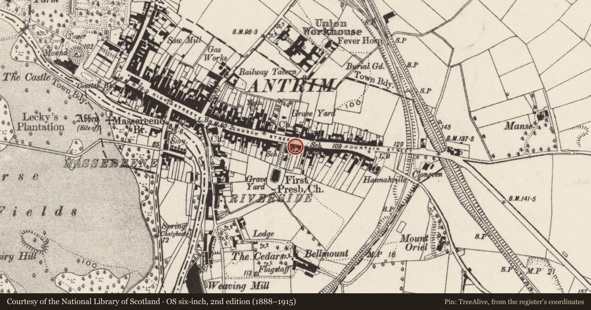 Ordnance Survey six-inch map, 2nd edition (1888–1915) covering the location of 88 Church Street, Town Parks, Antrim and Newtownabbey, with a pin at the register's coordinates