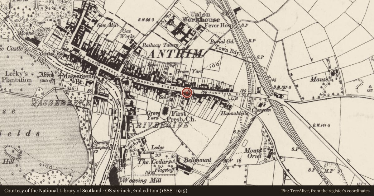 Ordnance Survey six-inch map, 2nd edition (1888–1915) covering the location of 2 Fountain Street, Town Parks, Antrim and Newtownabbey, with a pin at the register's coordinates
