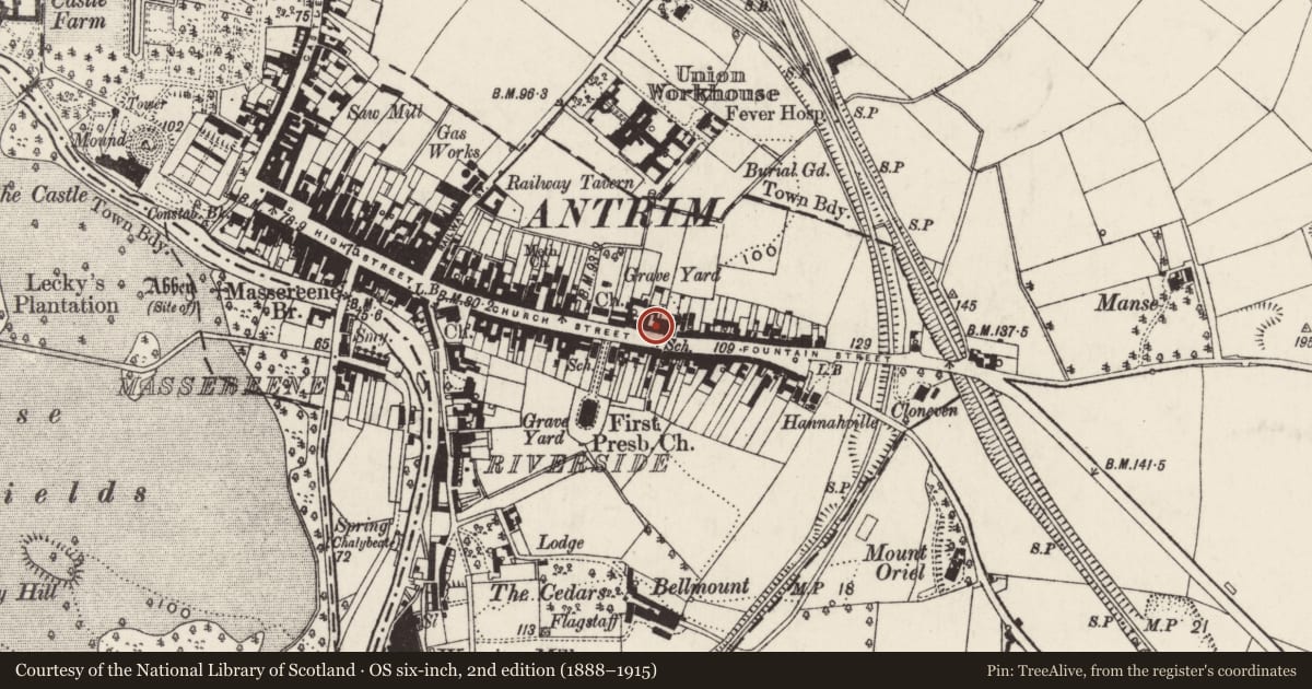 Ordnance Survey six-inch map, 2nd edition (1888–1915) covering the location of 75-83 Church Street, Town Parks, Antrim and Newtownabbey, with a pin at the register's coordinates