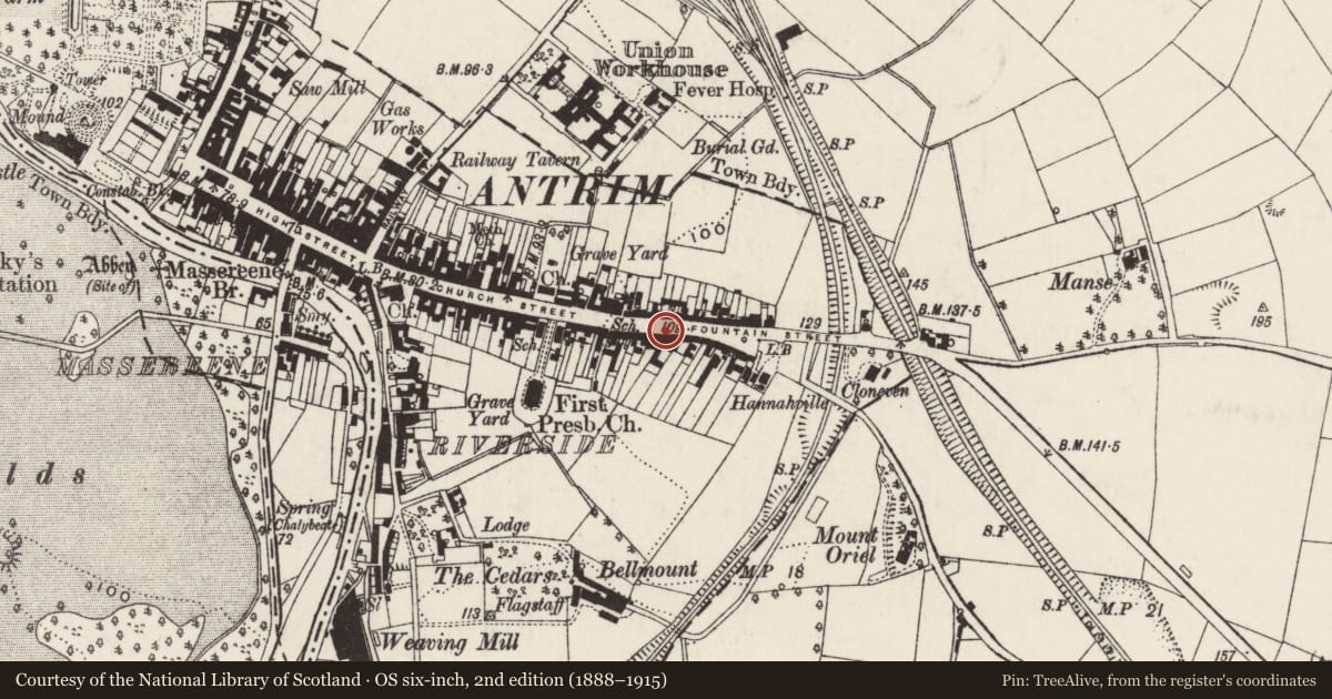 Ordnance Survey six-inch map, 2nd edition (1888–1915) covering the location of 26-30 Fountain Street, Town Parks, Antrim and Newtownabbey, with a pin at the register's coordinates