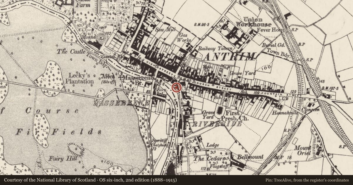 Ordnance Survey six-inch map, 2nd edition (1888–1915) covering the location of 2-16 Riverside, Town Parks, Antrim and Newtownabbey, with a pin at the register's coordinates