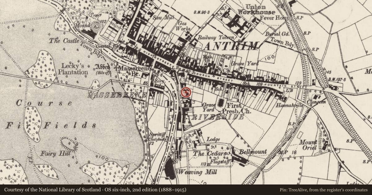 Ordnance Survey six-inch map, 2nd edition (1888–1915) covering the location of Antrim House, Town Parks, Antrim and Newtownabbey, with a pin at the register's coordinates