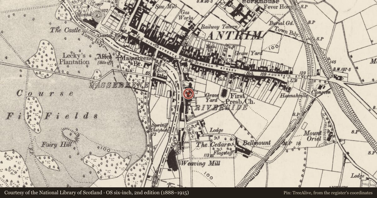 Ordnance Survey six-inch map, 2nd edition (1888–1915) covering the location of 17 Riverside, Town Parks, Antrim and Newtownabbey, with a pin at the register's coordinates